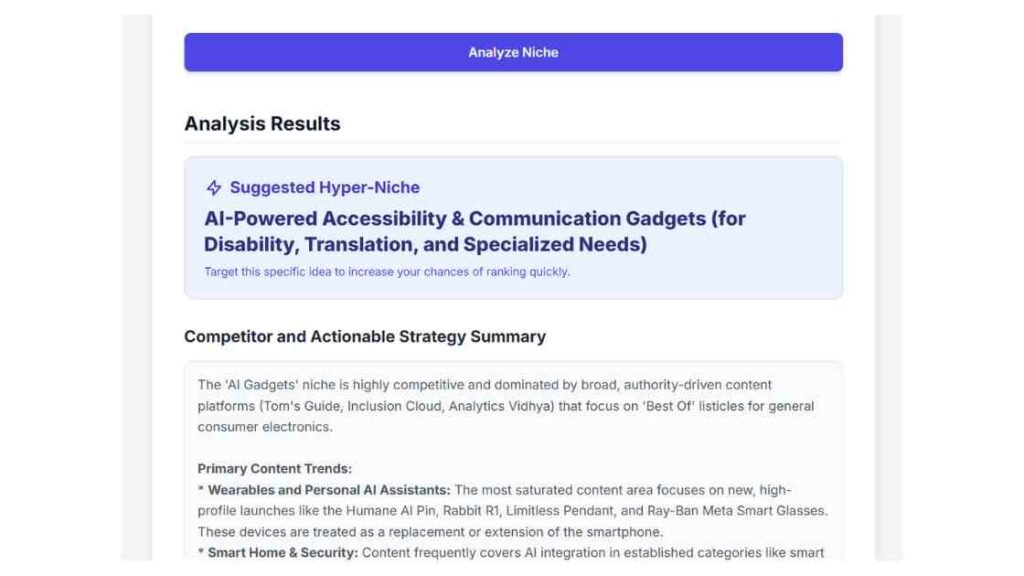 SEO Niche Analyzer Result