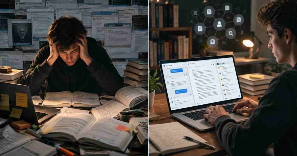 AI-assisted student workflow compared to traditional research study setup with overwhelmed student and organised productivity workspace using writing tools and academic AI platforms in a split-screen editorial scene