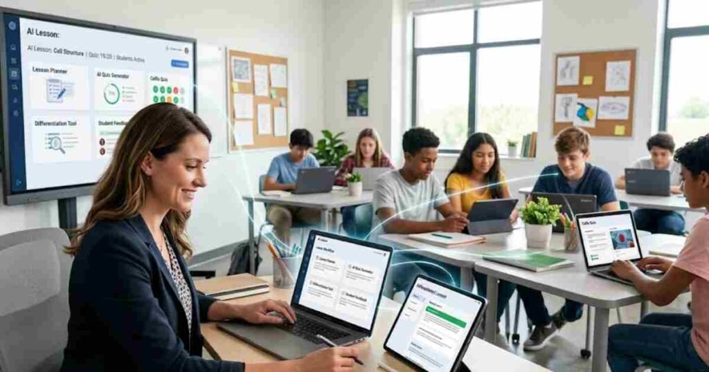 Teacher using free AI tools for lesson planning and student feedback in 2026