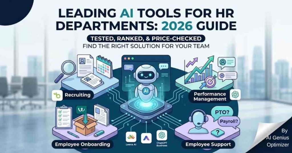 Infographic guide showing the leading AI tools for HR departments 2026, categorized by recruiting, employee onboarding, performance management, and support solutions.