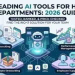 Infographic guide showing the leading AI tools for HR departments 2026, categorized by recruiting, employee onboarding, performance management, and support solutions.