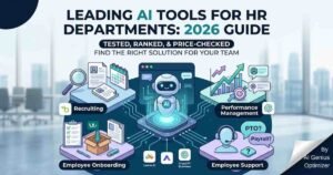 Infographic guide showing the leading AI tools for HR departments 2026, categorized by recruiting, employee onboarding, performance management, and support solutions.