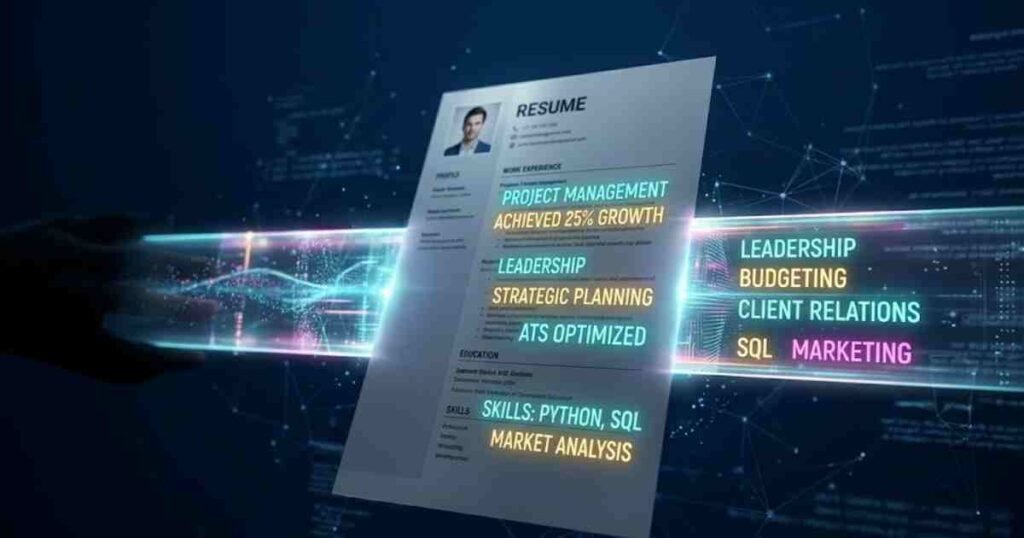 Abstract 3D visualization of a resume passing through a digital light filter that highlights key skills and keywords in neon, representing ATS optimization.