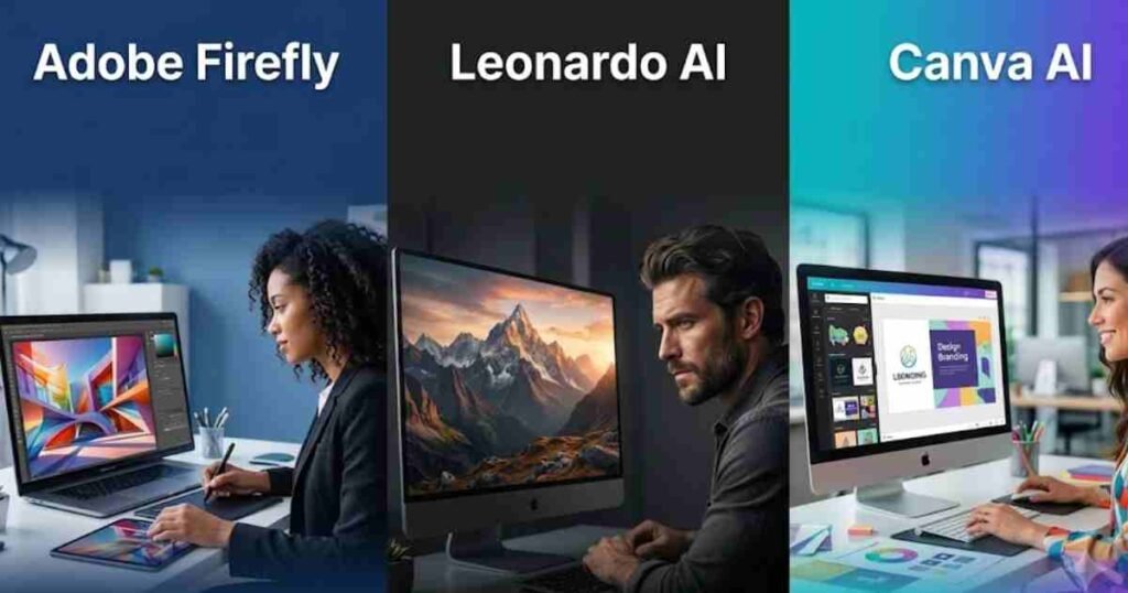 A split-screen graphic comparing three AI image generation platforms: Adobe Firefly for commercially safe images, Leonardo AI for photorealistic output, and Canva AI for integrated design workflows.