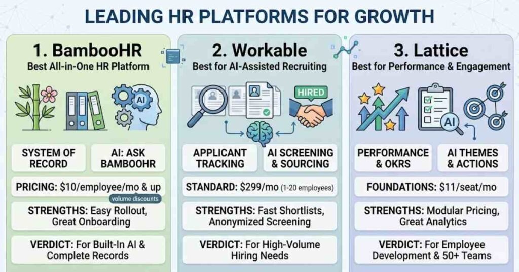 A 3-column infographic comparing HR platforms representing AI tools for HR departments 2026. Column 1, BambooHR (All-in-One, icons: bamboo, binders, AI head), highlights its 'System of Record' and '$10/employee/mo' pricing. Column 2, Workable (AI Recruiting, icons: resumes, magnifying glass, brain handshake), details 'Applicant Tracking' and '$299/mo' pricing. Column 3, Lattice (Performance/Engagement, icons: growth graphs, stars, target checklists), features 'Performance & OKRs' and '$11/seat/mo' pricing. Each column lists specific strengths and final verdicts.