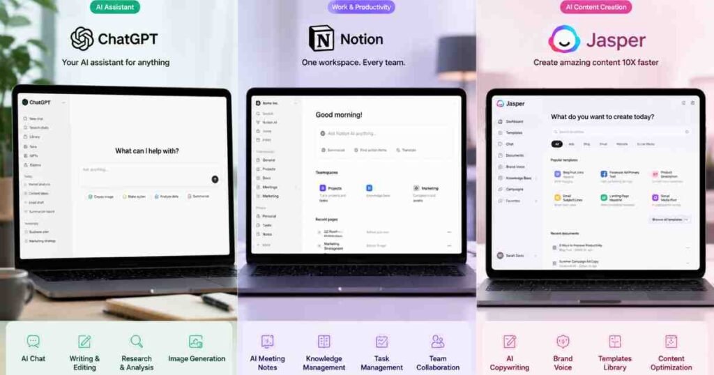 ChatGPT, Notion AI, and Jasper dashboards compared as leading AI tools for small business productivity in 2026
