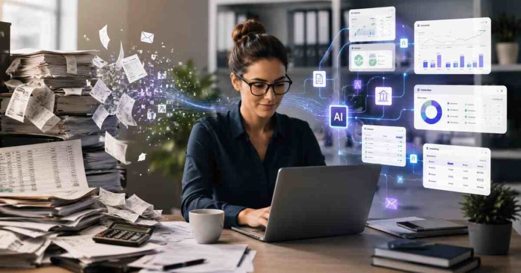 Bookkeeper using AI software to automate invoice processing, bank reconciliation, and accounting data entry tasks
