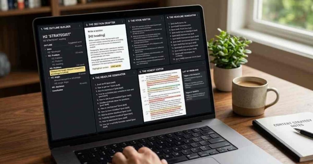 A photorealistic high-angle photograph of a wooden desk setup bathed in natural window light. A dark laptop displays five organized windows representing content creation steps: 1. The Outline Builder, 2. The Section Drafter, 3. The Hook Writer, 4. The Headline Generator, 5. The Honest Editor. To the left is a green succulent in a pot; to the right are a coffee mug and a 'CONTENT STRATEGY NOTES' notebook with a pen. The background is a blurred bookshelf.