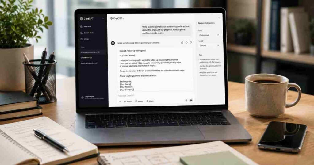 ChatGPT prompts for email writing -ChatGPT email writing assistant helping create professional emails in a modern workspace