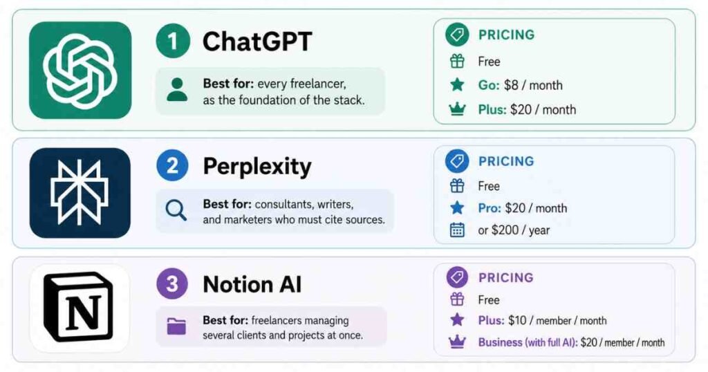 Infographic comparing three AI tools for freelancers in 2026: ChatGPT for general assistance, Perplexity for research and source-backed answers, and Notion AI for project management and organization, with pricing plans and recommended use cases displayed in a three-section layout.