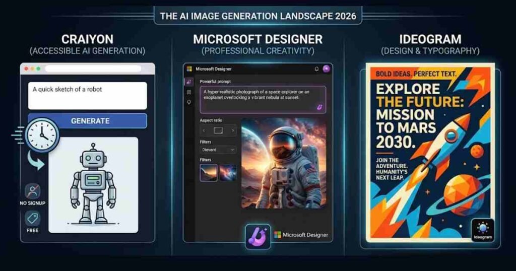 A split-panel infographic titled 'The AI Image Generation Landscape 2026' comparing three platforms: Craiyon for accessible AI generation, Microsoft Designer for professional creativity, and Ideogram for design and typography, each showing a representative interface or example output.