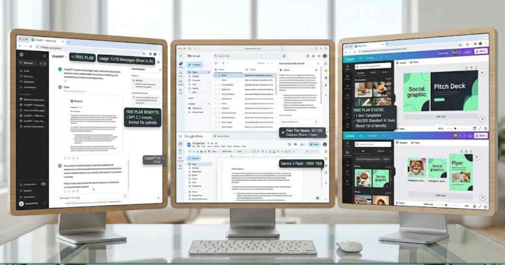Free AI tools for entrepreneurs - A triple-screen wooden monitor setup displaying three distinct, light-mode dashboards: left monitor with ChatGPT's interface, proposal drafts, and message usage; middle monitor with Google Gemini, Gmail summarization, and task management; right monitor with Canva's design canvas, social media templates, and marketing assets