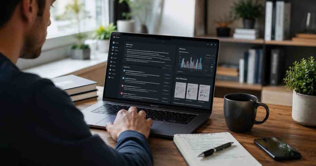 Perplexity AI review showing researcher using AI-powered search assistant with cited research results and academic workflow