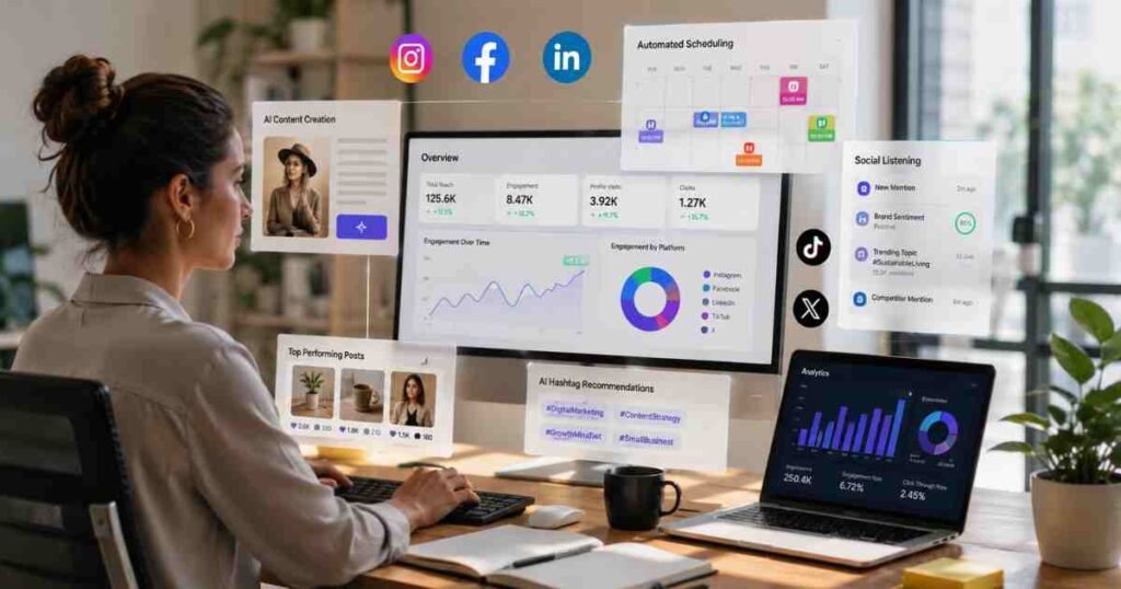 how to use AI for social media marketing - A professional woman working at a desk, managing various social media marketing tasks through a futuristic, floating AI-powered digital dashboard displaying automated scheduling, content analytics, and hashtag recommendations.