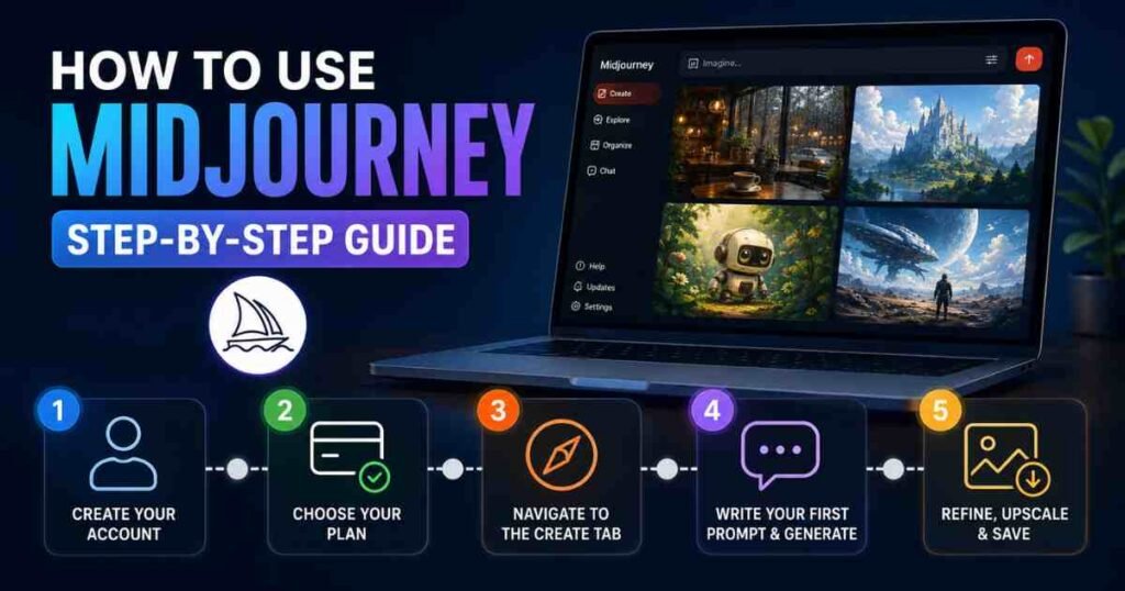 How to use Midjourney step by step – beginner guide showing the Midjourney interface and the five stages of creating AI images.
