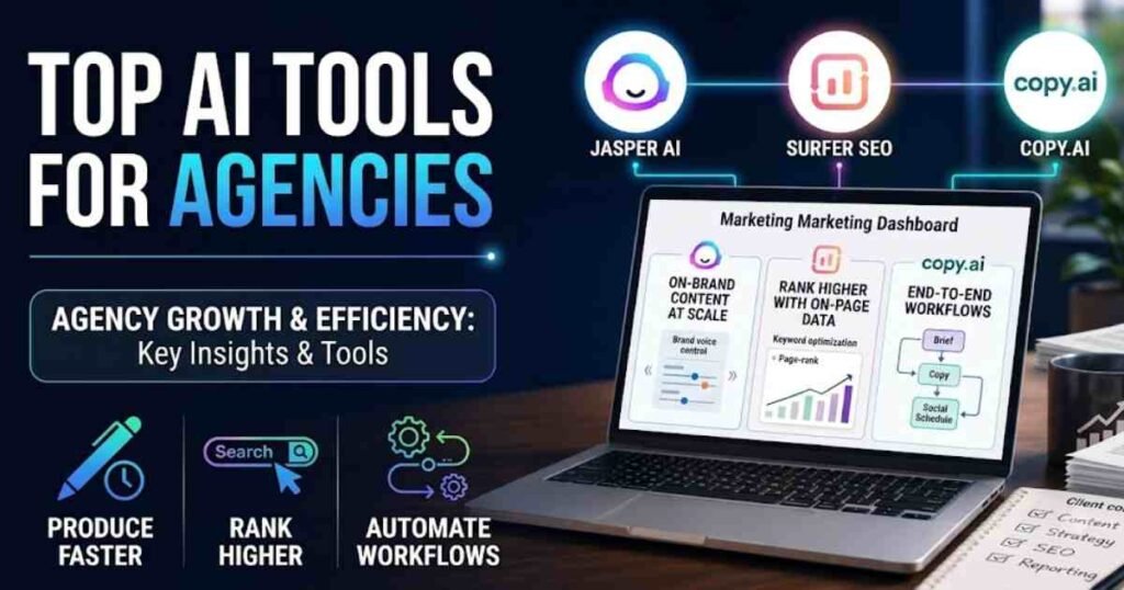 Top AI Tools for Agencies" focused on efficiency and production. A laptop displays a dashboard showing benefits like on-brand content, SEO ranking, and automated workflows. Logos for Jasper AI, Surfer SEO, and Copy.ai are shown above, with supporting text icons for producing content faster, ranking higher, and automating workflows.