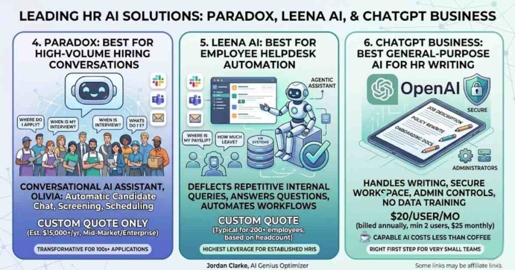 An infographic comparison of three HR AI tools: Paradox, Leena AI, and ChatGPT Business representing AI tools for HR departments 2026. The image features three vertically aligned columns with illustrations and bullet points. The Paradox column focuses on high-volume hiring conversations, showing diverse applicants interacting with an AI bot named Olivia. The Leena AI column highlights employee helpdesk automation, displaying an agentic robot deflecting internal queries about payslips and leave. The ChatGPT Business column features a secure workspace on a tablet, emphasizing general-purpose AI for HR writing and policy work. Each column summarizes the tool's best use, features, estimated pricing, and targeted company size.