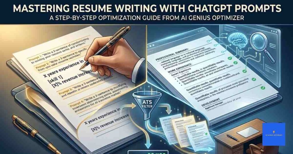 An editorial illustration for ChatGPT prompts for resume writing showing a professional hand refining a CV with AI, using an ATS filter to optimize resume content for job applications.
