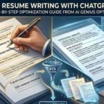 An editorial illustration for ChatGPT prompts for resume writing showing a professional hand refining a CV with AI, using an ATS filter to optimize resume content for job applications.