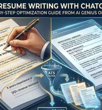 An editorial illustration for ChatGPT prompts for resume writing showing a professional hand refining a CV with AI, using an ATS filter to optimize resume content for job applications.