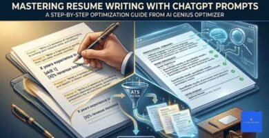 An editorial illustration for ChatGPT prompts for resume writing showing a professional hand refining a CV with AI, using an ATS filter to optimize resume content for job applications.