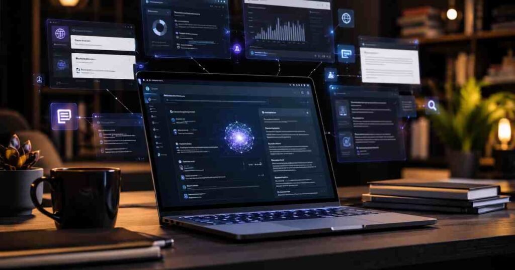 Perplexity AI review feature image with futuristic AI search workspace and cited research interface