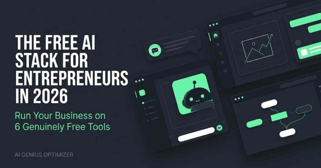 Featured image for Free AI tools for entrepreneurs in 2026, showing a premium dark mode digital dashboard with floating abstract UI cards for a chatbot, design canvas, and automation workflow. The text reads: "THE FREE AI STACK FOR ENTREPRENEURS IN 2026: Run Your Business on 6 Genuinely Free Tools.