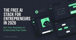 Featured image for Free AI tools for entrepreneurs in 2026, showing a premium dark mode digital dashboard with floating abstract UI cards for a chatbot, design canvas, and automation workflow. The text reads: "THE FREE AI STACK FOR ENTREPRENEURS IN 2026: Run Your Business on 6 Genuinely Free Tools.