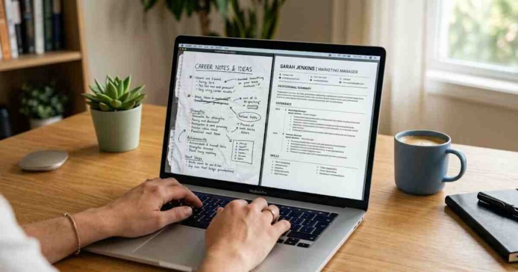 ChatGPT prompts for resume writing - A person typing on a laptop, comparing handwritten career notes with a polished, professional resume draft to show the AI-assisted editing process.