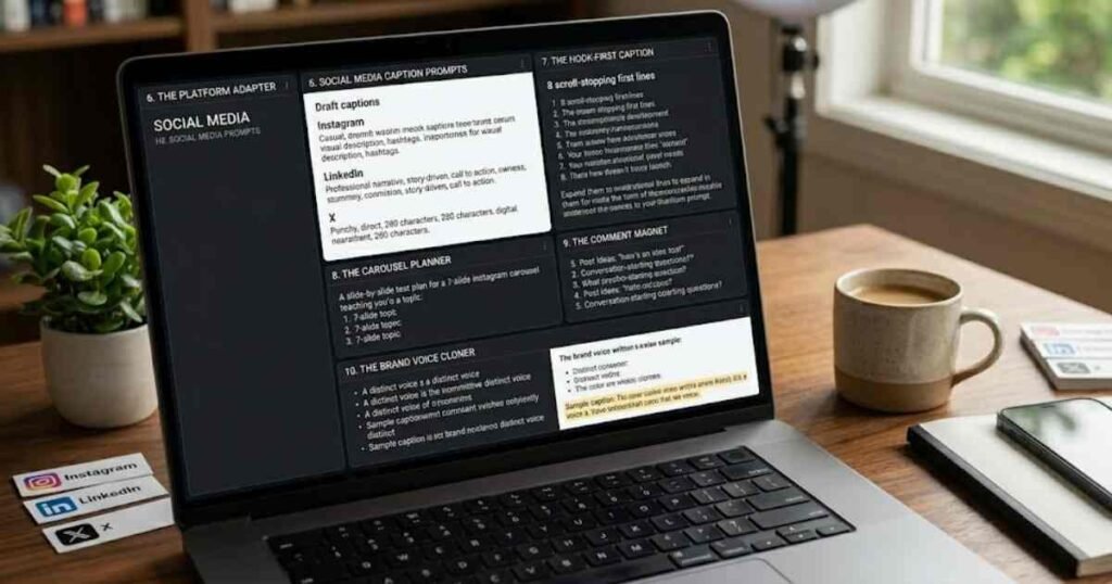 A photorealistic, high-angle shot of a modern wooden workspace featuring a laptop displaying five organized social media caption prompt categories—Platform Adapter, Hook-First Caption, Carousel Planner, Comment Magnet, and Brand Voice Cloner—with small Instagram, LinkedIn, and X icons placed on the desk beside a coffee mug, notebook, and smartphone.