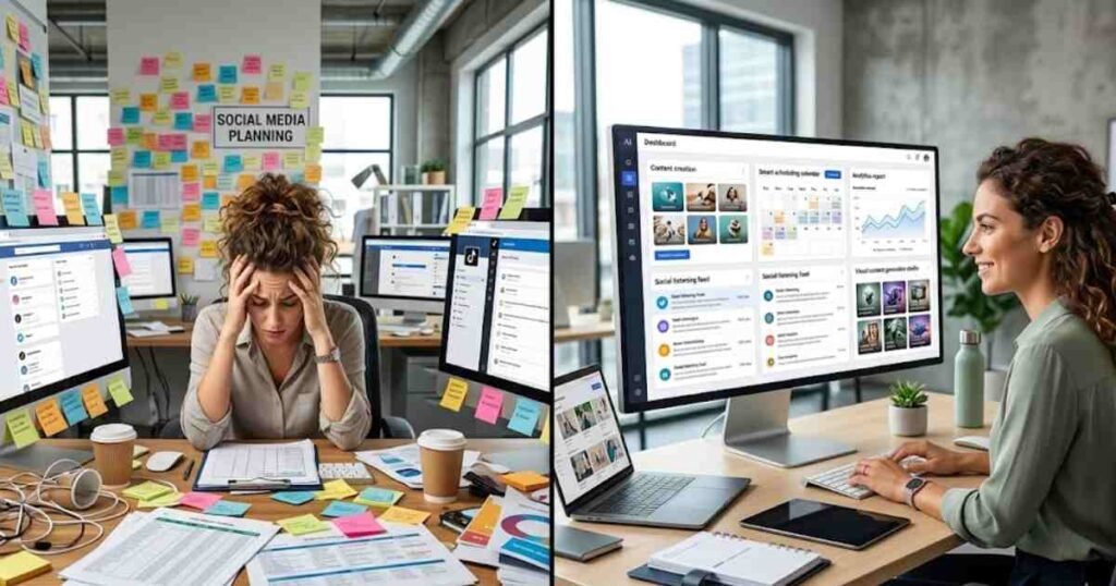 Split-screen editorial illustration comparing a stressed marketer overwhelmed by manual tasks with an organized professional using an AI-powered marketing dashboard to manage content, analytics, and social scheduling.