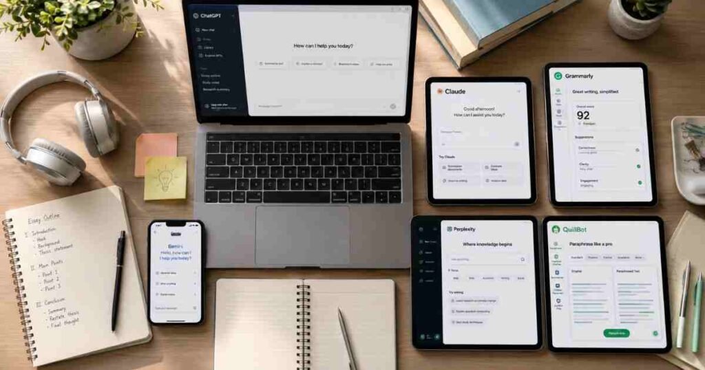 Top-down student desk setup featuring ChatGPT, Claude, Grammarly, Gemini, Perplexity, and QuillBot interfaces on multiple devices with notebooks, headphones, and AI-powered academic productivity tools in a modern study workspace