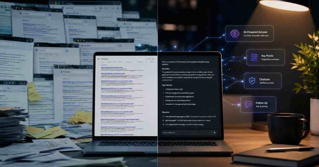 Perplexity AI review comparison showing traditional search engine results versus AI-powered search assistant with organised citations