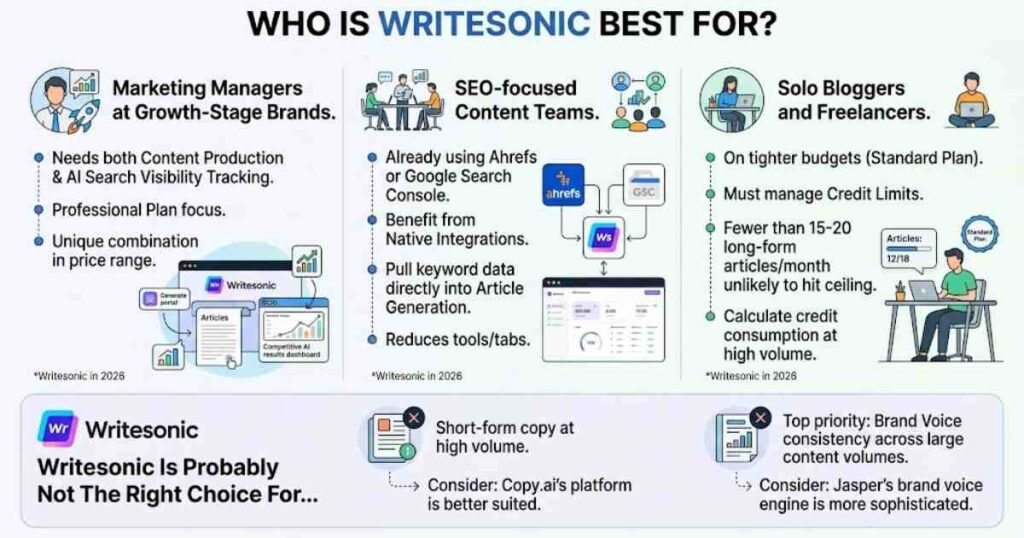 Infographic outlining the target audience for Writesonic in 2026, categorizing users into marketing managers, SEO content teams, and solo freelancers, while also noting use cases better suited for alternative tools.