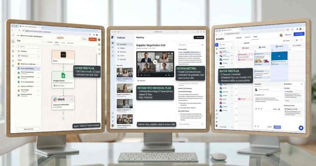 A triple-screen wooden monitor setup displaying three distinct, light-mode dashboards: left monitor with Zapier's workflow automation editor connecting forms to spreadsheets, middle monitor with a Fathom video call recording and AI transcription interface, and right monitor with Buffer's social media content scheduling calendar.