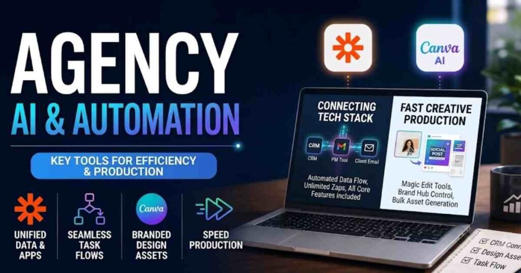 Infographic titled "Agency AI & Automation" showcasing how Zapier and Canva AI streamline agency workflows, with a laptop displaying a dashboard for connecting tech stacks and speeding up creative production.