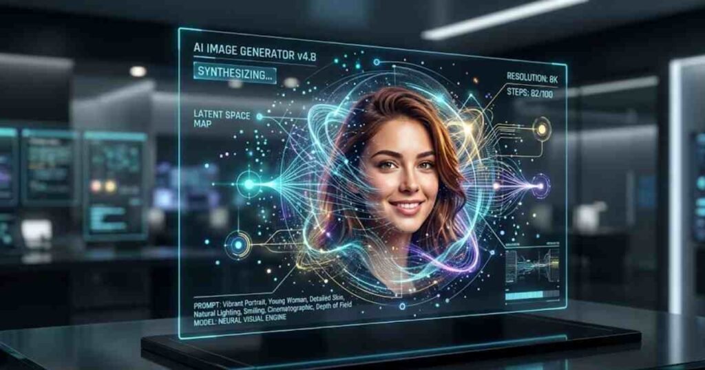 best AI image generators free no signup - A futuristic digital display showcasing a high-quality AI-generated portrait of a young woman, representing the advanced capabilities of 2026 AI image generators.