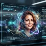 best AI image generators free no signup - A futuristic digital display showcasing a high-quality AI-generated portrait of a young woman, representing the advanced capabilities of 2026 AI image generators.