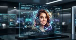 best AI image generators free no signup - A futuristic digital display showcasing a high-quality AI-generated portrait of a young woman, representing the advanced capabilities of 2026 AI image generators.