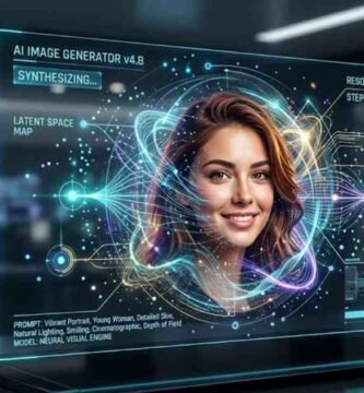 best AI image generators free no signup - A futuristic digital display showcasing a high-quality AI-generated portrait of a young woman, representing the advanced capabilities of 2026 AI image generators.