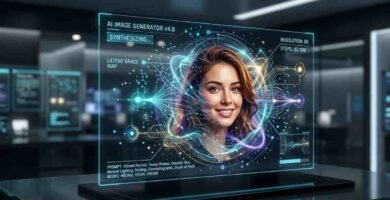 best AI image generators free no signup - A futuristic digital display showcasing a high-quality AI-generated portrait of a young woman, representing the advanced capabilities of 2026 AI image generators.