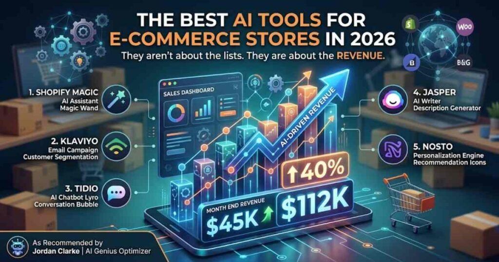 Infographic showing the best AI tools for e-commerce in 2026, featuring a revenue growth dashboard, the five top tools (Shopify Magic, Klaviyo, Tidio, Jasper, Nosto), and Jordan Clarke from AI Genius Optimizer.