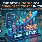 Infographic showing the best AI tools for e-commerce in 2026, featuring a revenue growth dashboard, the five top tools (Shopify Magic, Klaviyo, Tidio, Jasper, Nosto), and Jordan Clarke from AI Genius Optimizer.