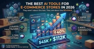 Infographic showing the best AI tools for e-commerce in 2026, featuring a revenue growth dashboard, the five top tools (Shopify Magic, Klaviyo, Tidio, Jasper, Nosto), and Jordan Clarke from AI Genius Optimizer.