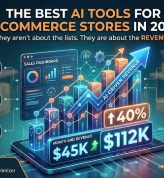 Infographic showing the best AI tools for e-commerce in 2026, featuring a revenue growth dashboard, the five top tools (Shopify Magic, Klaviyo, Tidio, Jasper, Nosto), and Jordan Clarke from AI Genius Optimizer.