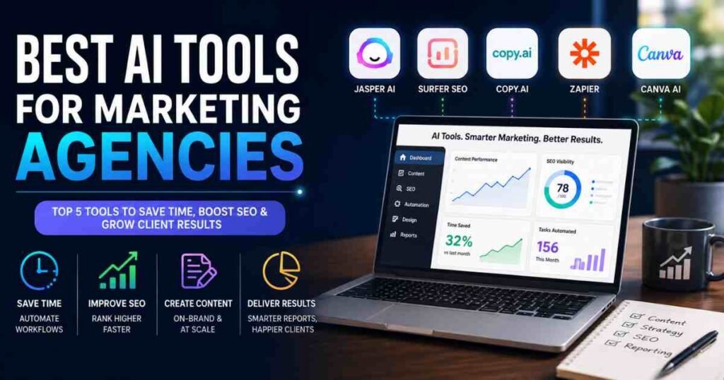 Infographic titled 'Best AI Tools for Marketing Agencies' featuring logos for Jasper AI, Surfer SEO, Copy.ai, Zapier, and Canva AI, with a laptop displaying a marketing dashboard to illustrate benefits like saving time, improving SEO, and scaling content.