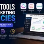Infographic titled 'Best AI Tools for Marketing Agencies' featuring logos for Jasper AI, Surfer SEO, Copy.ai, Zapier, and Canva AI, with a laptop displaying a marketing dashboard to illustrate benefits like saving time, improving SEO, and scaling content.