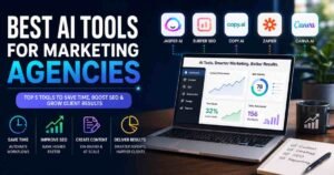 Infographic titled 'Best AI Tools for Marketing Agencies' featuring logos for Jasper AI, Surfer SEO, Copy.ai, Zapier, and Canva AI, with a laptop displaying a marketing dashboard to illustrate benefits like saving time, improving SEO, and scaling content.
