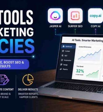 Infographic titled 'Best AI Tools for Marketing Agencies' featuring logos for Jasper AI, Surfer SEO, Copy.ai, Zapier, and Canva AI, with a laptop displaying a marketing dashboard to illustrate benefits like saving time, improving SEO, and scaling content.