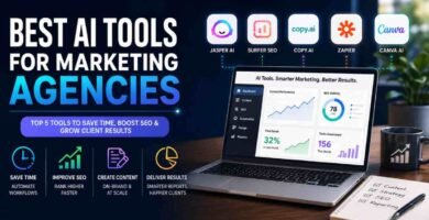 Infographic titled 'Best AI Tools for Marketing Agencies' featuring logos for Jasper AI, Surfer SEO, Copy.ai, Zapier, and Canva AI, with a laptop displaying a marketing dashboard to illustrate benefits like saving time, improving SEO, and scaling content.